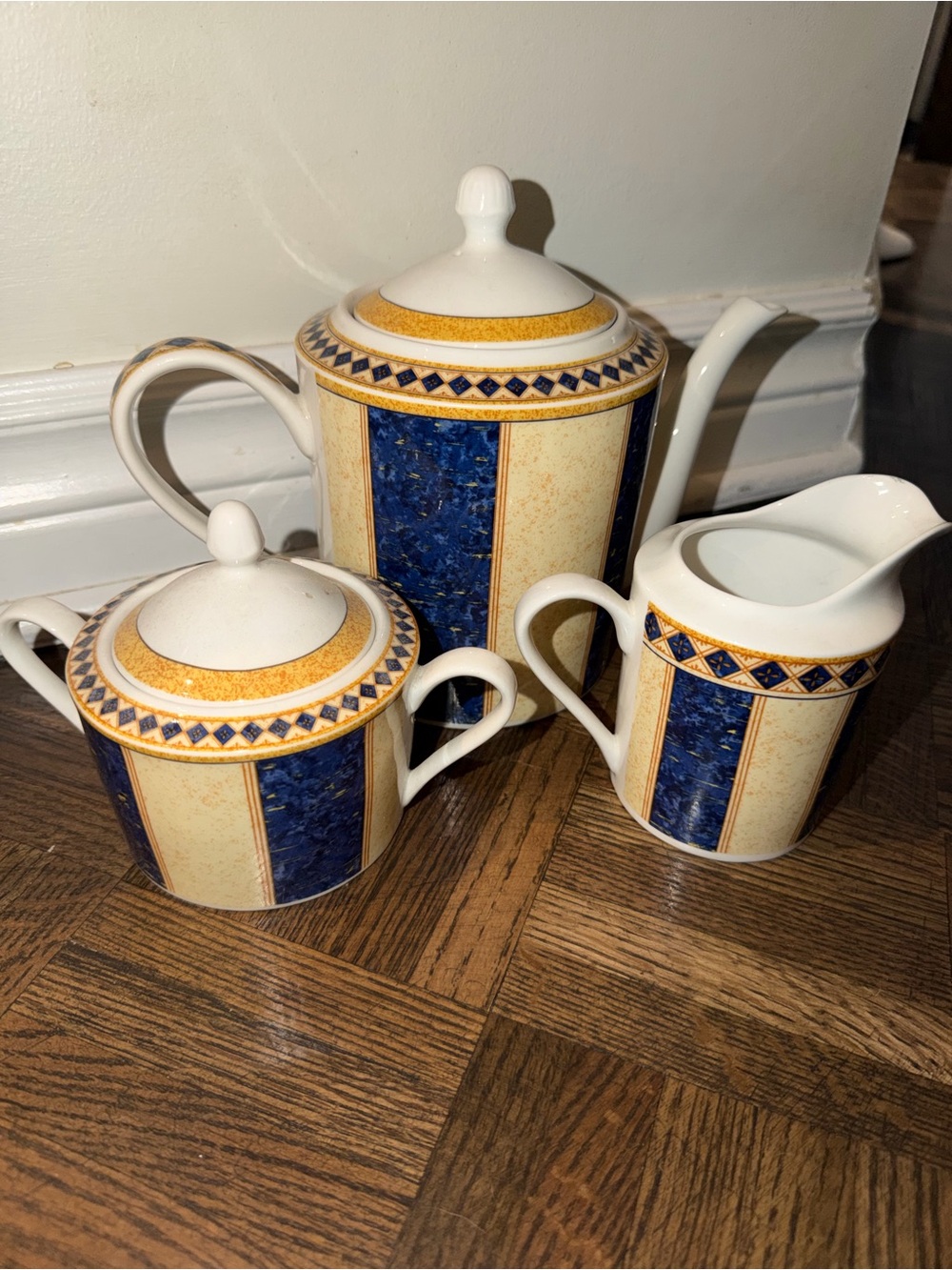 Elegant Blue and Gold Ceramic Tea Set - Creamer, Sugar & Teapot